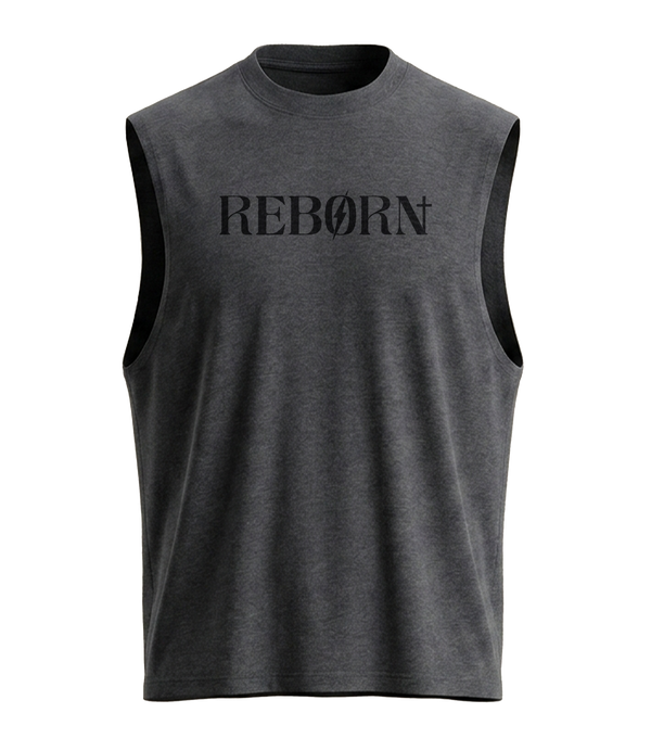 Reborn Sleeveless Shirt in charcoal with black Reborn wordmark