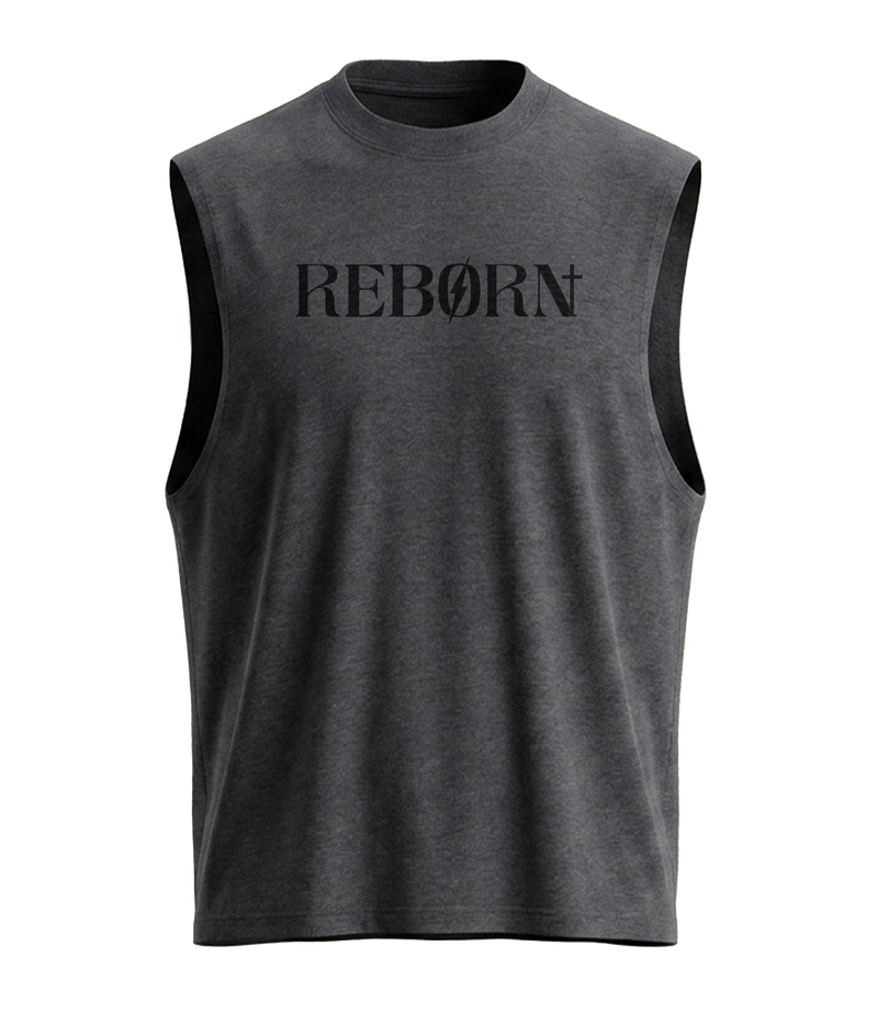 Reborn Sleeveless Shirt in charcoal with black Reborn wordmark