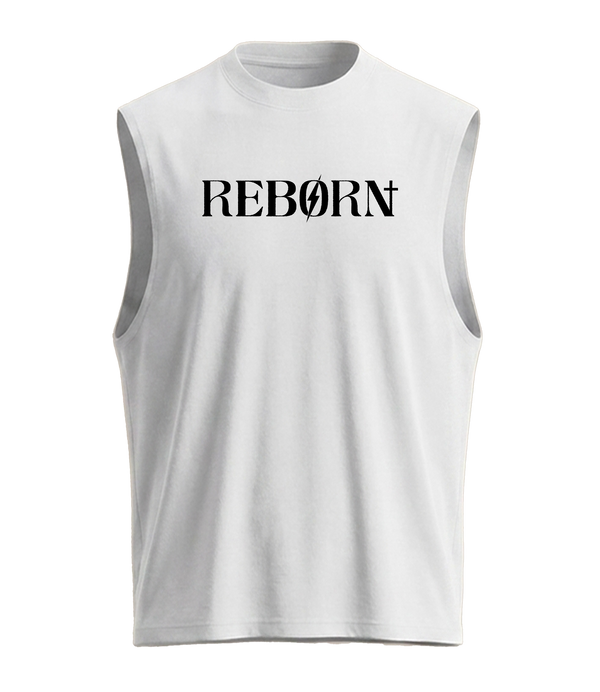 Reborn Sleeveless Shirt in white with black Reborn wordmark