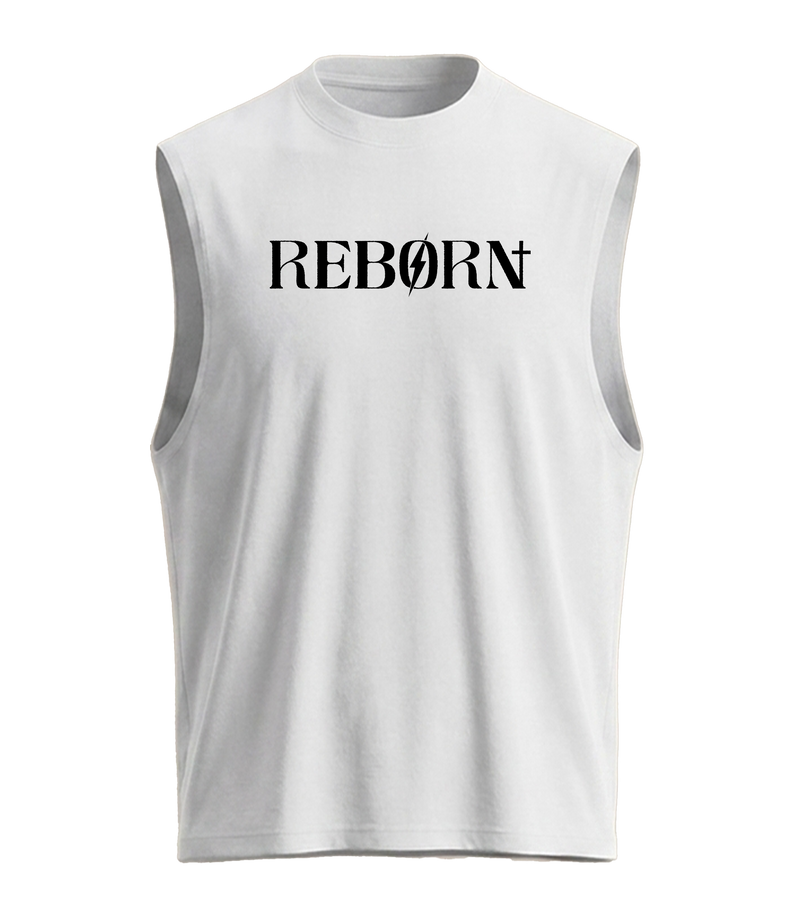 Reborn Sleeveless Shirt in white with black Reborn wordmark