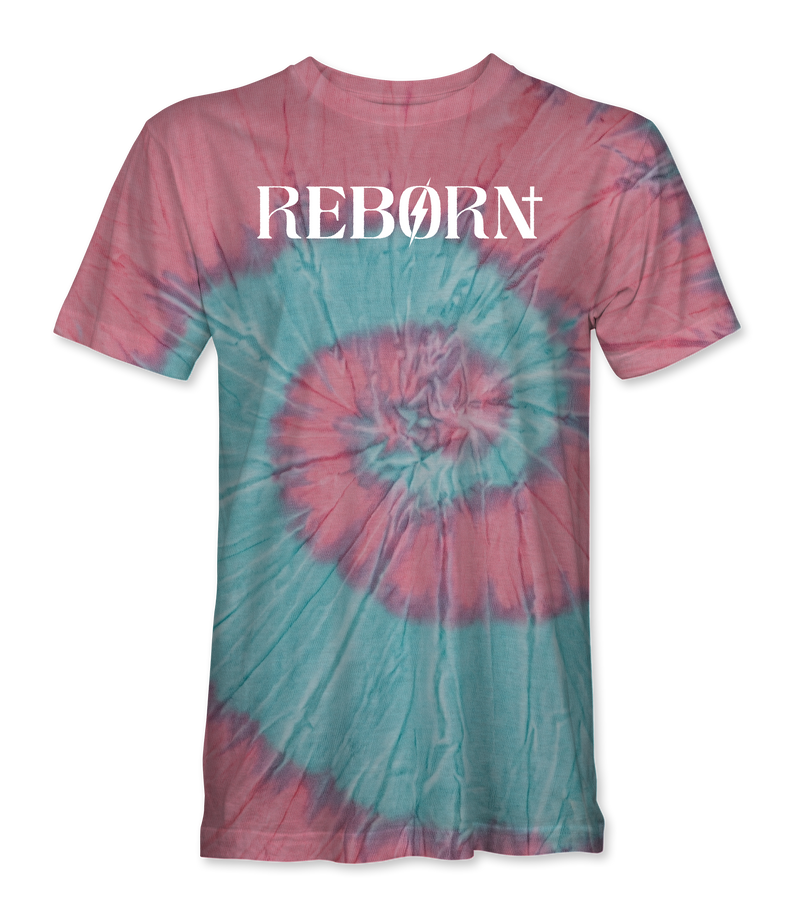 Reborn Tie Dye T-Shirt in coral and mint with white Reborn wordmark